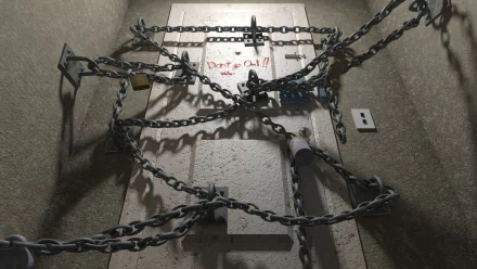 HD PC desktop wallpaper featuring a chained, locked door with Don't Go!! written in red, inspired by the video game Silent Hill 4: The Room.