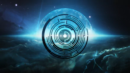 A high-definition wallpaper featuring a blue planet with clouds beneath, overlaid with a music-themed pendulum design.