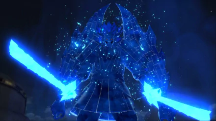 HD desktop wallpaper featuring Madara Uchiha's Susanoo from the video game Naruto Shippuden: Ultimate Ninja Storm 4, showcasing the character's powerful and intimidating blue aura in a dark, starry backdrop.