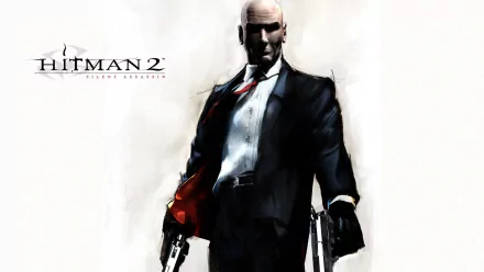 HD PC desktop wallpaper of Agent 47 from the video game Hitman 2: Silent Assassin — bald, suit-clad assassin holding twin pistols against a white background.