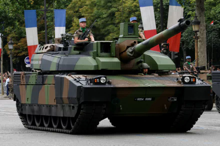 4K Ultra HD image of an AMX Leclerc military tank in camouflage, parading with soldiers and French flags in the background.