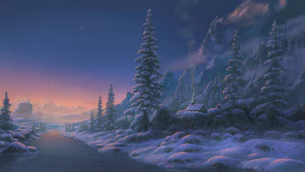 A serene winter landscape featuring a snowy river, a cozy house, tall evergreen trees, and majestic mountains, all illuminated by the warm glow of an evening sunset.