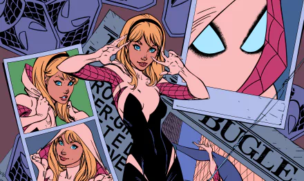 A dynamic HD desktop wallpaper featuring Gwen Stacy, also known as Spider-Gwen, surrounded by vibrant comic panels and striking visuals, capturing her super-heroic essence.