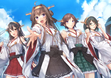 A vibrant HD wallpaper featuring characters Kirishima, Hiei, Haruna, and Kongou from Kantai Collection, showcasing their dynamic poses against a bright sky.