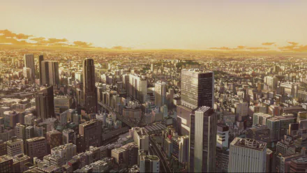 A stunning HD wallpaper showcasing a sprawling Tokyo cityscape at sunset, inspired by the anime Bakemono no Ko (The Boy and the Beast).