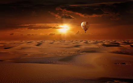 A stunning sunset over vast brown sand dunes in a desert, with a vibrant hot air balloon drifting across the scene, creating a serene and captivating atmosphere.