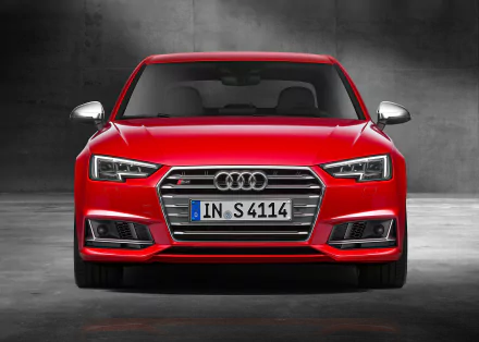 Front view of a red Audi S4 car against a dark background, showcased in a 4K Ultra HD PC desktop wallpaper and background.