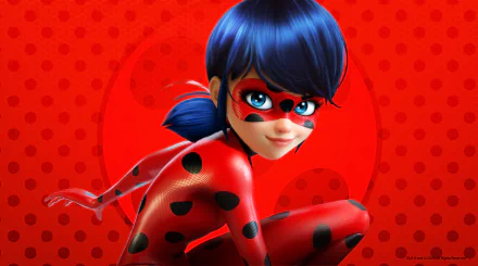 HD wallpaper featuring Ladybug from the TV Show Miraculous Ladybug, showcasing her in a dynamic pose against a vibrant red, polka-dotted background.