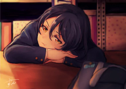 A desktop wallpaper featuring Umi Sonoda from Love Live!, showcasing her long purple hair and brown eyes as she rests her head on her arms, adding a serene touch to any screen.
