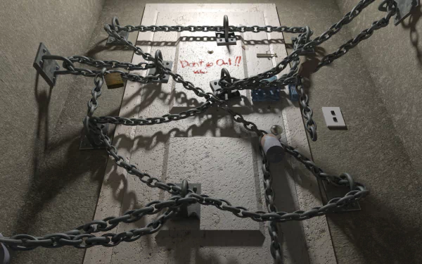 HD PC desktop wallpaper featuring a chained, locked door with Don't Go!! written in red, inspired by the video game Silent Hill 4: The Room.