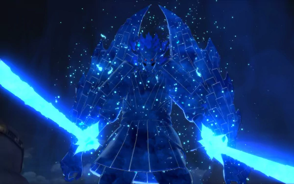 HD desktop wallpaper featuring Madara Uchiha's Susanoo from the video game Naruto Shippuden: Ultimate Ninja Storm 4, showcasing the character's powerful and intimidating blue aura in a dark, starry backdrop.