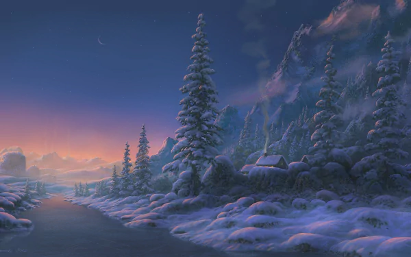 A serene winter landscape featuring a snowy river, a cozy house, tall evergreen trees, and majestic mountains, all illuminated by the warm glow of an evening sunset.
