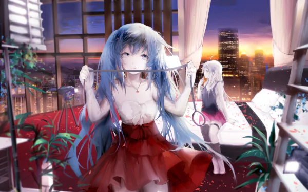 A vibrant HD wallpaper featuring Hatsune Miku in a stylish dress with blue hair and twintails, set against a sunset view from a building, creating a serene anime atmosphere.