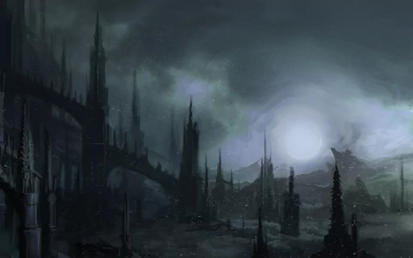 Dark, gothic landscape from Castlevania: Lords of Shadow depicted in an HD PC desktop wallpaper with towering spires under a gloomy, moonlit sky.
