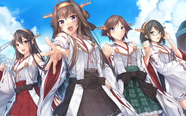 A vibrant HD wallpaper featuring characters Kirishima, Hiei, Haruna, and Kongou from Kantai Collection, showcasing their dynamic poses against a bright sky.