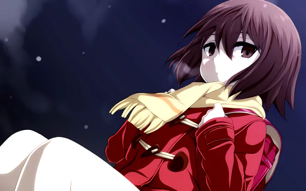 HD wallpaper featuring Kayo Hinazuki from the anime Erased, depicted wearing a red coat and yellow scarf, set against a serene, snowy background.