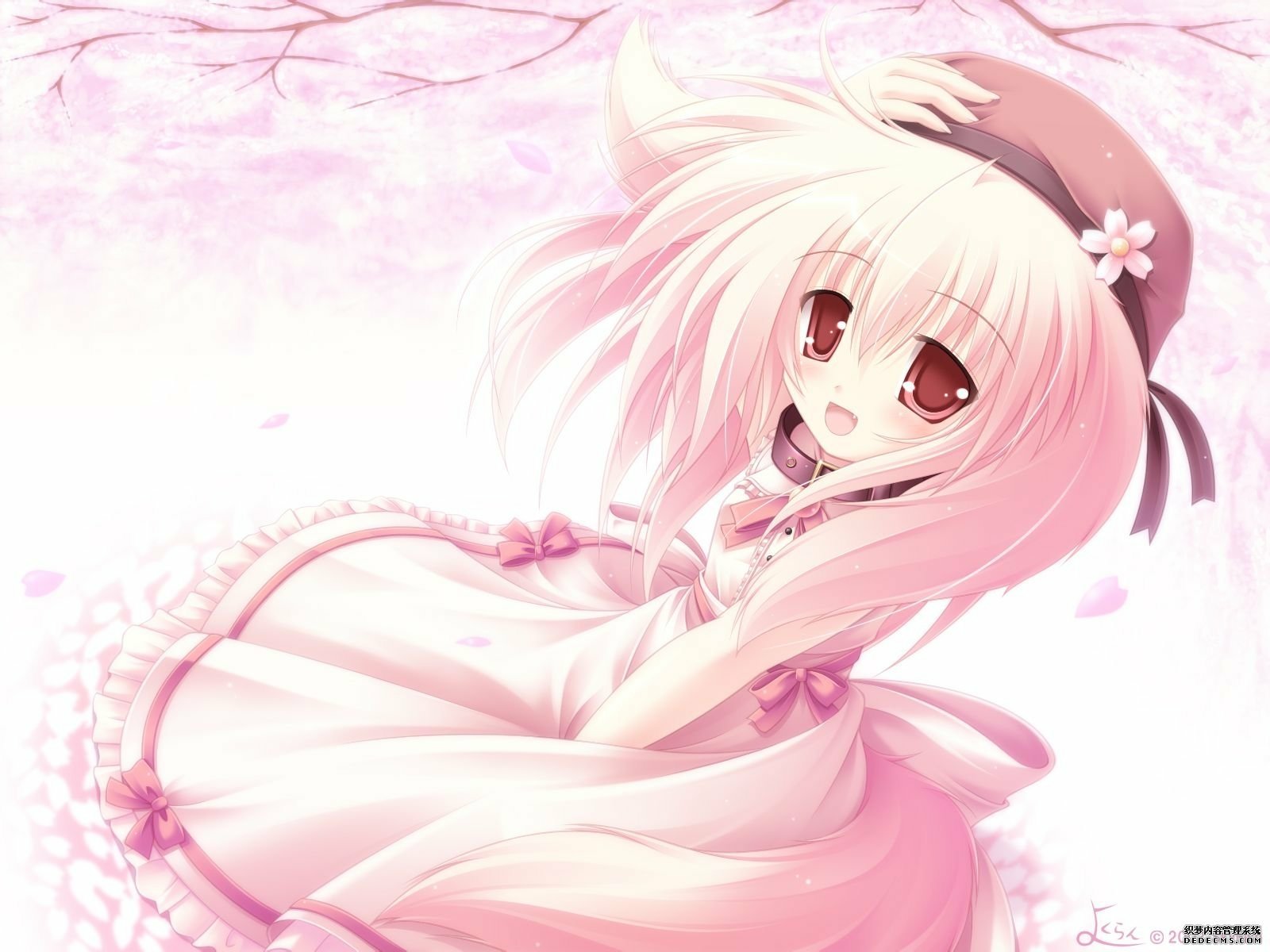 HD PC desktop wallpaper of an original cute anime girl with short pink hair, pink eyes, wearing a pink dress and hat, smiling amid falling petals.
