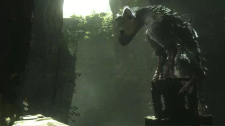 A majestic creature from *The Last Guardian* stands on a pedestal amidst a serene, illuminated natural setting, featured as an HD desktop wallpaper and background.