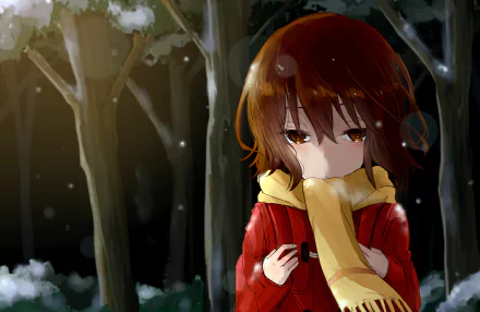 HD desktop wallpaper featuring Kayo Hinazuki from the anime Erased, standing in a snowy forest, wrapped in a yellow scarf and wearing a red coat.