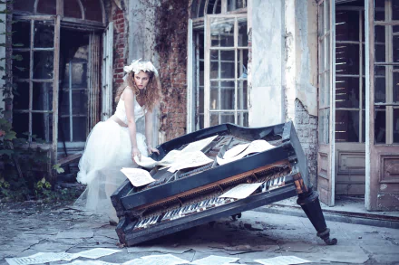 Blonde bride model in a wedding dress leans over a broken piano strewn with sheet music in a ruined courtyard — HD PC desktop wallpaper and background