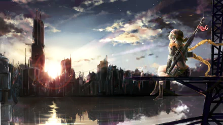 An anime character with a rifle sits on the edge of a ruined city, reflecting on the sunset in a post-apocalyptic world. HD wallpaper featuring stunning visuals and reflective water.