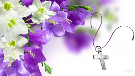 A vibrant HD wallpaper featuring purple and white flowers alongside a silver cross, embodying themes of religion and celebration for the Easter holiday.