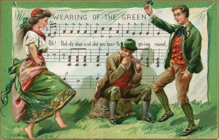 A couple dances joyfully in a festive setting, with a leprechaun playing music nearby. Captured in vibrant detail, this St. Patrick's Day-themed HD wallpaper evokes holiday cheer.