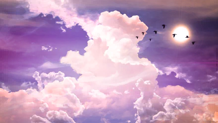 Artistic HD desktop wallpaper featuring white clouds, a glowing sun, and birds flying against a purple sky bathed in warm sunshine.