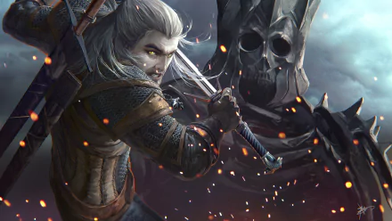 Geralt of Rivia from The Witcher 3: Wild Hunt in a dynamic battle pose, captured in high-definition for a PC desktop wallpaper and background.