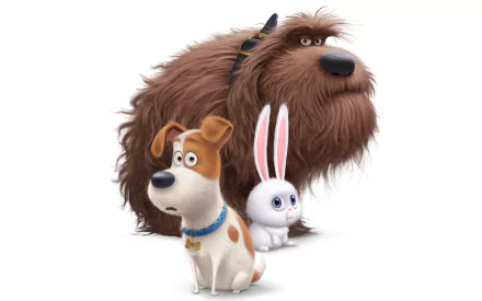 A colorful HD wallpaper featuring Max, a dog from *The Secret Life of Pets*, alongside his furry friend and a playful bunny, showcasing their adventurous spirit.