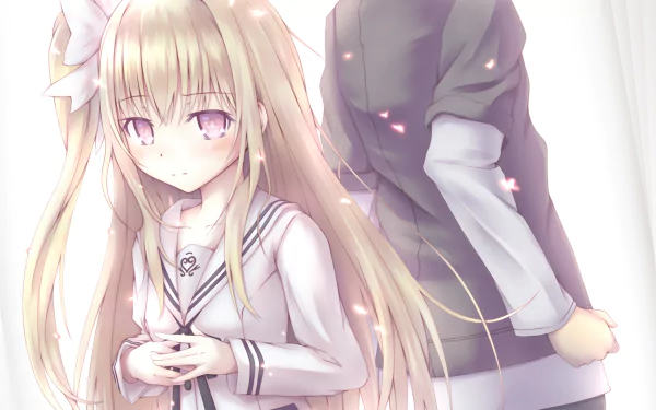 A cute kuudere character with long blonde hair and a bow stands in a light-filled setting, creating a captivating HD desktop wallpaper inspired by Mayuri from *Date A Live*.