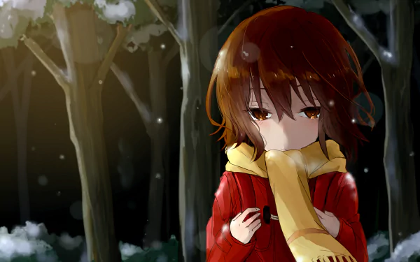 HD desktop wallpaper featuring Kayo Hinazuki from the anime Erased, standing in a snowy forest, wrapped in a yellow scarf and wearing a red coat.