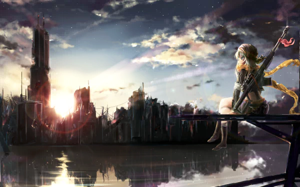 An anime character with a rifle sits on the edge of a ruined city, reflecting on the sunset in a post-apocalyptic world. HD wallpaper featuring stunning visuals and reflective water.