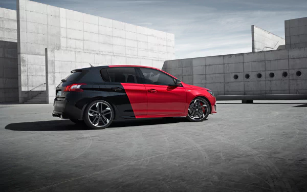 Side view of a red-and-black Peugeot 308 GTI compact car parked by minimalist concrete walls — Peugeot 308 vehicle, 2K Quad HD PC desktop wallpaper/background.
