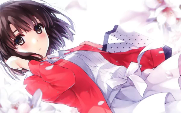 A HD wallpaper featuring Megumi Katō from Saekano: How to Raise a Boring Girlfriend, showcasing her brown eyes and short brown hair, surrounded by delicate flowers.
