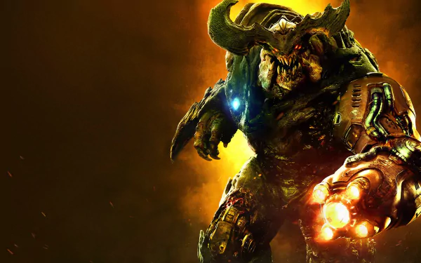 HD desktop wallpaper featuring a fierce demon from the video game Doom (2016), against a fiery, intense background.