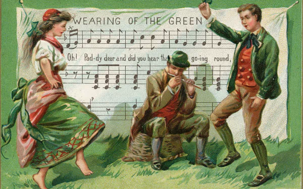 A couple dances joyfully in a festive setting, with a leprechaun playing music nearby. Captured in vibrant detail, this St. Patrick's Day-themed HD wallpaper evokes holiday cheer.