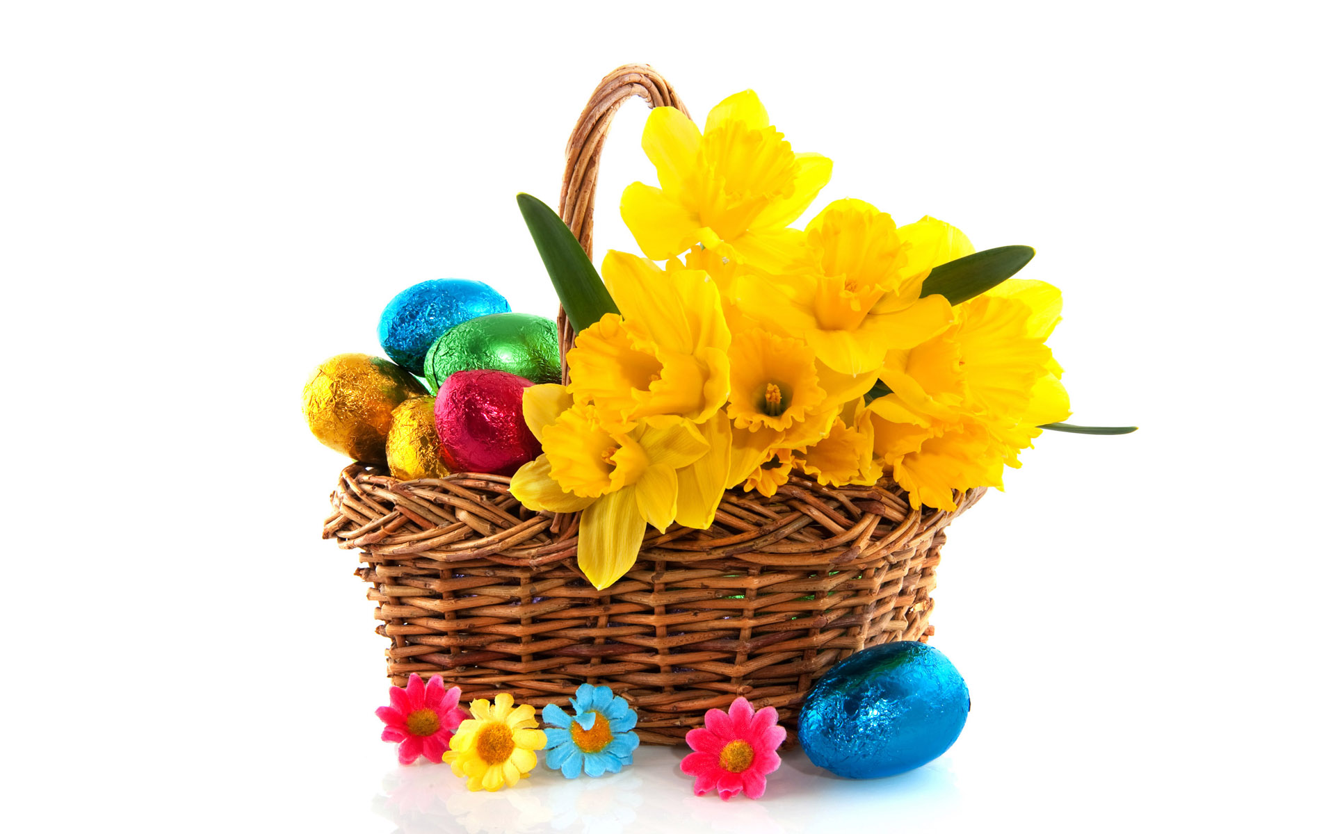 Easter Eggs and Daffodils in Basket