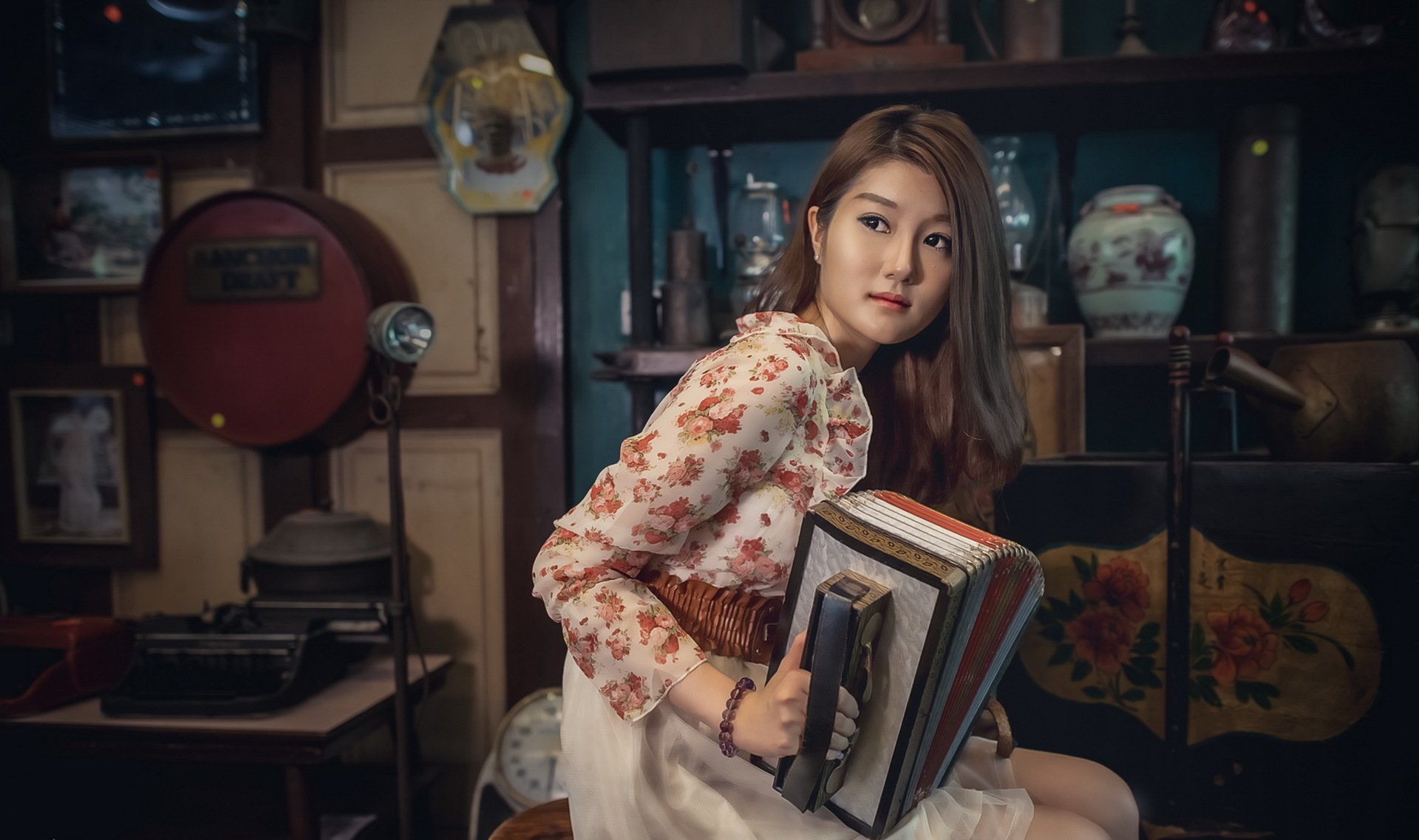 Download Accordion Instrument Brunette Oriental Music Woman HD Wallpaper