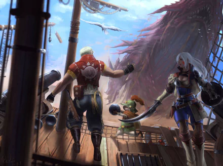 2K Quad HD PC desktop wallpaper: fantasy pirate deck—muscular sailor at a cannon, armored woman warrior with a sword, and a small creature by the rigging under a storm-tinted sky.