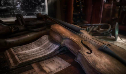 Detailed close-up of a wooden violin resting on sheet music, set against a softly blurred background, creating a rich, artistic representation of music. HD desktop wallpaper.