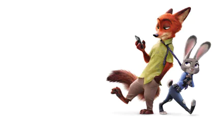 HD desktop wallpaper featuring Nick Wilde and Judy Hopps from the movie Zootopia, showcasing the playful dynamic between the fox and rabbit against a white background.