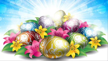 Colorful Easter eggs are nestled among vibrant lilies and lush green leaves, set against a bright, radiant background, creating a festive holiday atmosphere.