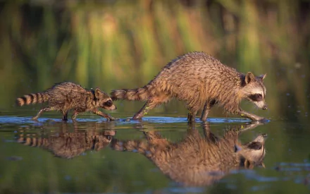 A mother raccoon and her baby wander through a serene reflection in water, surrounded by lush greenery, captured in a stunning bokeh effect. Ideal for an HD desktop wallpaper.