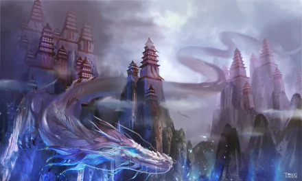 A majestic Chinese dragon glides through misty mountains, with a grand castle perched atop towering cliffs, creating a captivating fantasy landscape.