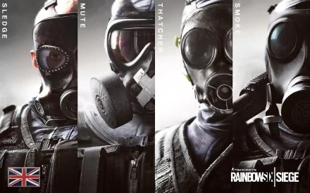 HD desktop wallpaper featuring special forces operators Sledge, Mute, Thatcher, and Smoke from the video game Tom Clancy's Rainbow Six: Siege, all wearing gas masks, with the game logo at the bottom right.