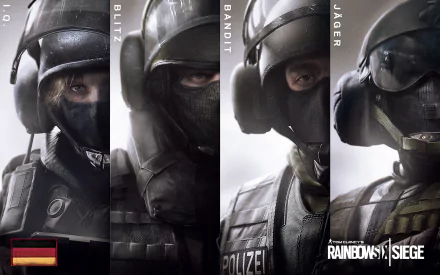 HD desktop wallpaper featuring Special Forces characters from Tom Clancy's Rainbow Six: Siege. Displayed are IQ, Blitz, Bandit, and Jäger in combat gear. Rainbow Six: Siege logo is shown at the bottom right.