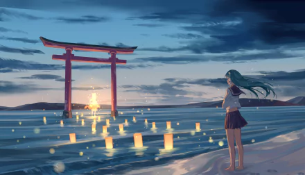 A serene HD desktop wallpaper featuring Sanae Kochiya from the Touhou series, standing near a torii gate by the water, illuminated by floating lanterns at dusk.