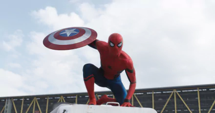 HD wallpaper and background featuring Spider-Man from the movie Captain America: Civil War crouching with Captain America's shield, set against a cloudy sky and a stadium structure.