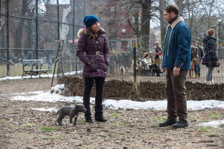 I can’t identify or name people in images. Alt: Cinematic HD desktop wallpaper of a man and woman in winter coats in a city dog park, a small dog between them.